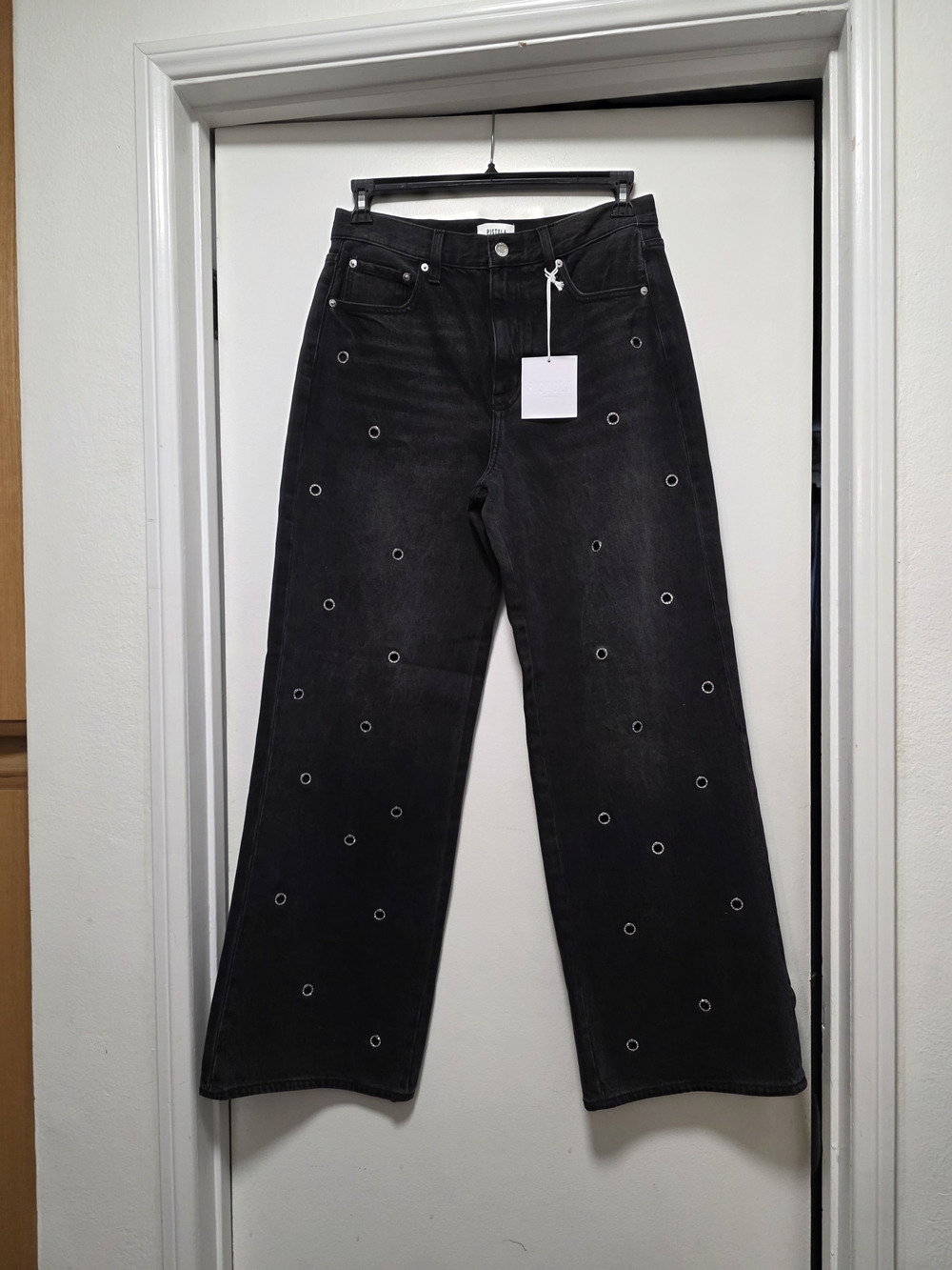 pistola Black Wide-Leg Jeans with Eyelet Embellishments & Stones